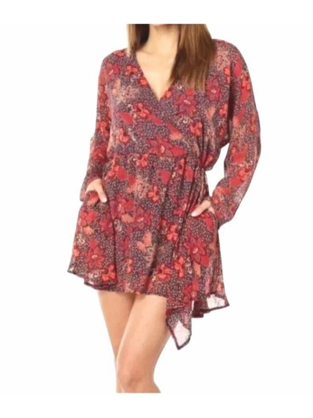 Free People Teegan Floral Print Long Sleeve Wrap Mini Dress Asymmetrical X-Small